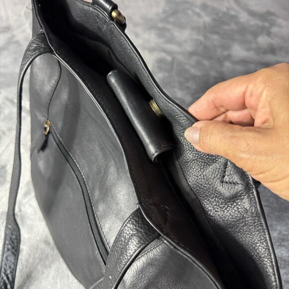 Black Leather Shoulder Bag Hobo Style Double Top Handle Purse Minimal Unbranded - Picture 4 of 13